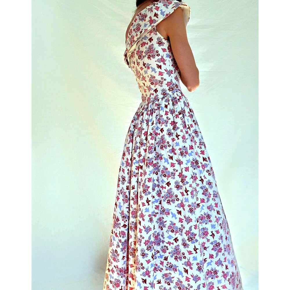 Vtg 1940s Novelty Print Cotton Formal Gown: One Shoulder Floral Maxi Dress S/M - Picture 4 of 14